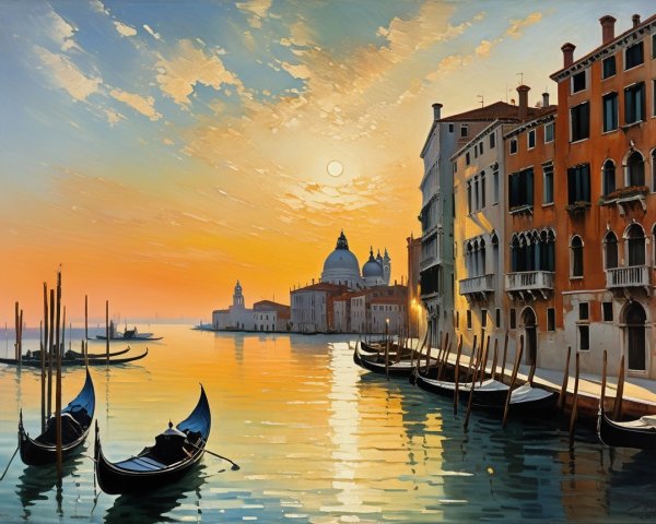 Serene Sunset Scene of Venice with Gondolas and Canals