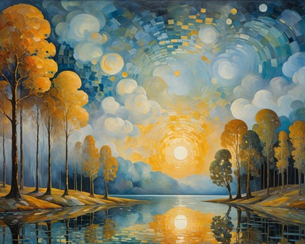 Vibrant Landscape with Serene Lake and Sunset Reflection