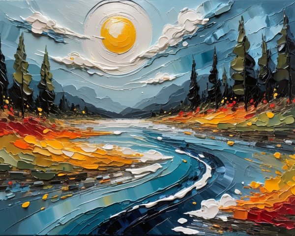 Vibrant Landscape with Hills, River, and Autumn Colors