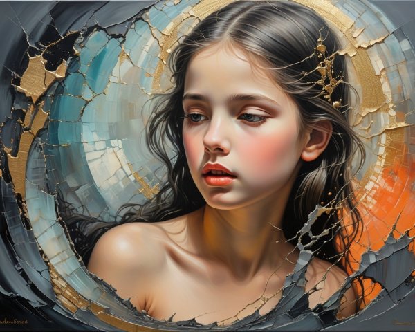 Portrait of a Young Girl with Abstract Cracked Patterns