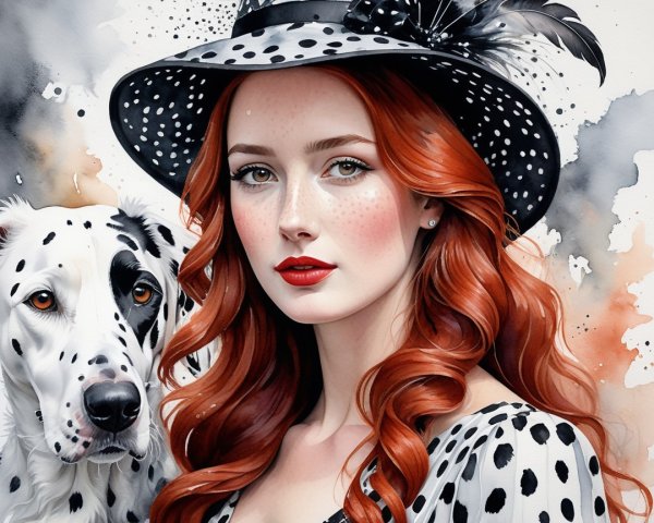 Elegant Woman with Red Hair and Dalmatian Dog