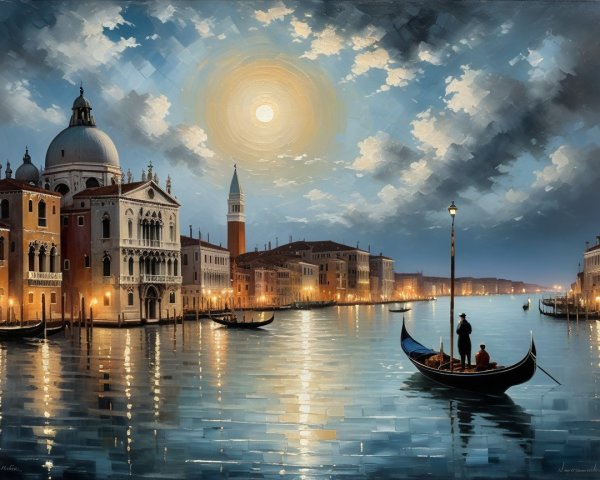 Serene Night Scene of Venice with Moonlit Canals