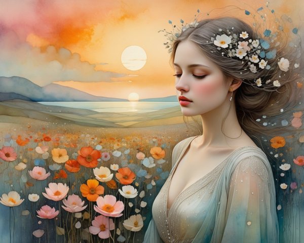 Serene girl in a vibrant flower field at sunset