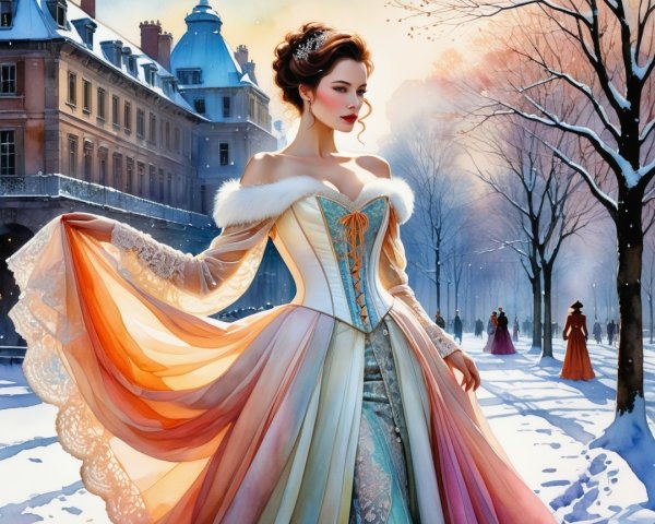 Elegant Woman in Pastel Gown in Snowy Park Setting