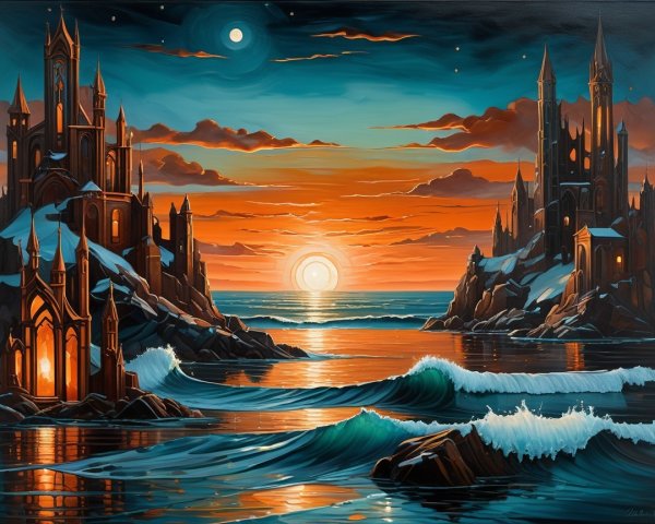 Surreal Painting of Castles at Sunset Over Water
