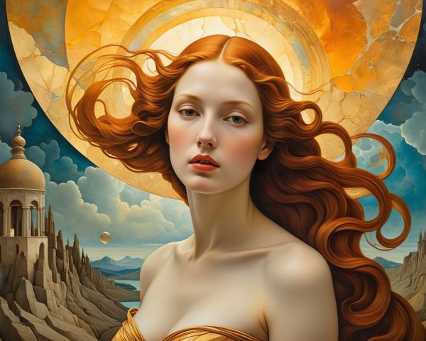 Serene Woman in Golden Garment Against Ethereal Landscape