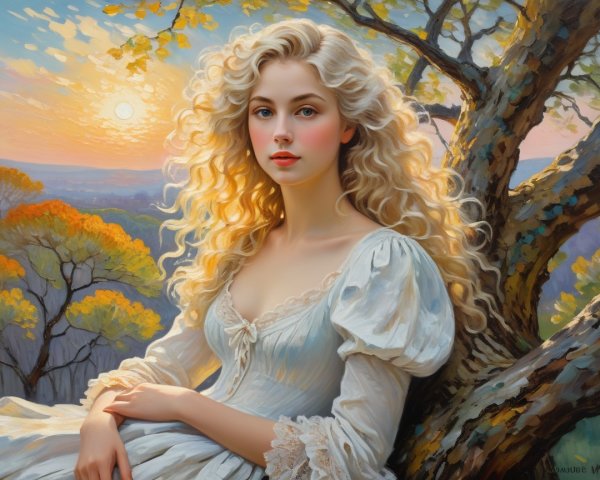 Young Woman in Lace Dress Against Sunset Background