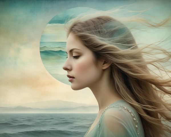 Profile of a Young Woman Against a Tranquil Seascape