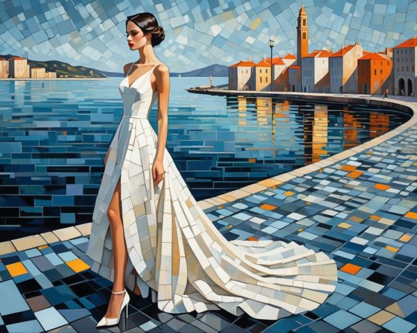 Mosaic Artwork of Woman in White Dress by Water Promenade