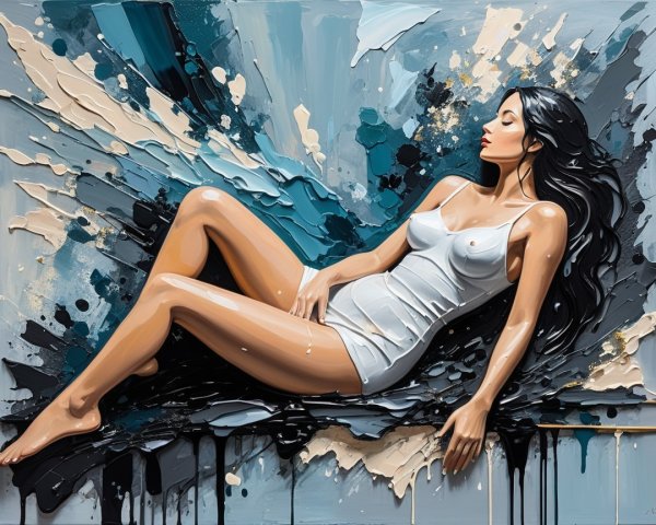 Stylized Oil Painting of a Reclining Woman in Dress