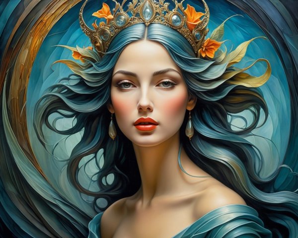 Portrait of a Woman with Blue Hair and Crown