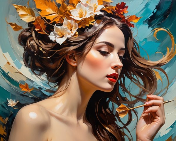 Woman with Wavy Hair and Autumn Leaves in Soft Light