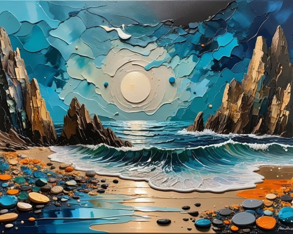 Vibrant Seascape Painting with Rocky Cliffs and Waves