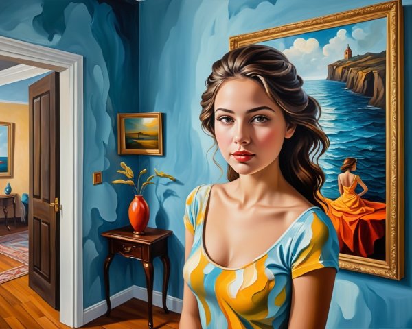 Young Woman in Colorful Shirt in Bright Room