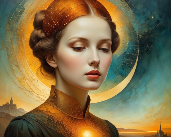 Young woman with serene expression and mystical glow