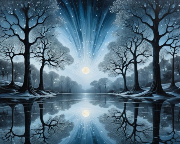 Tranquil Winter Night Landscape with Moonlit Lake
