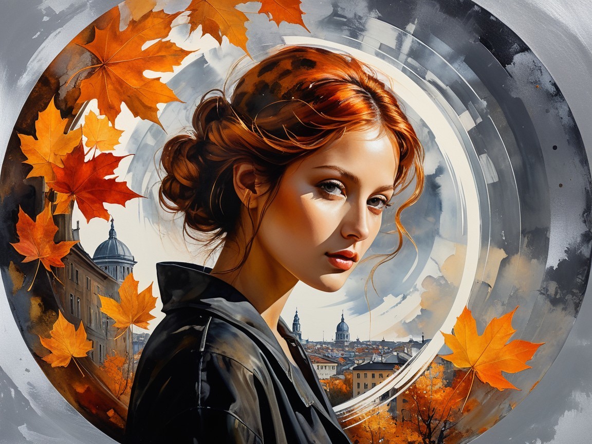Young Woman with Red Hair Among Autumn Leaves and City