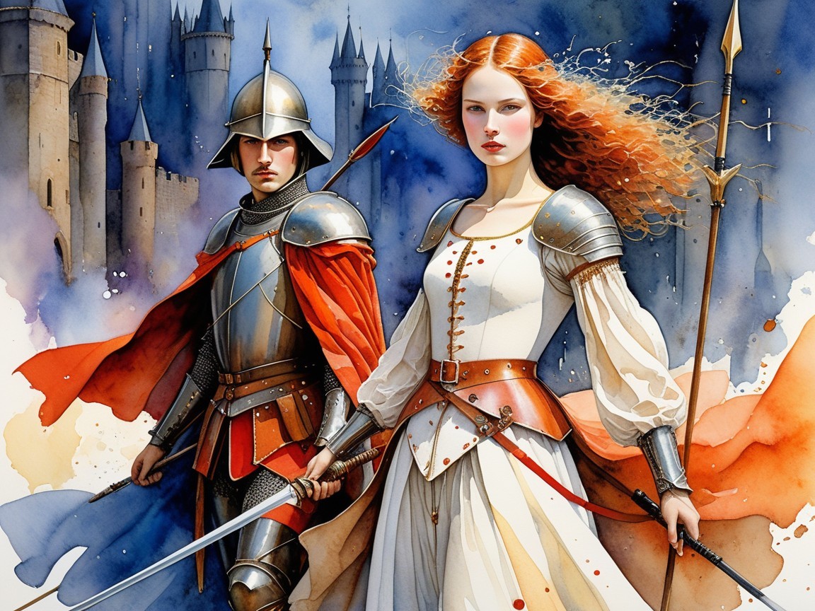 Knight and Warrior Woman Before Majestic Castle