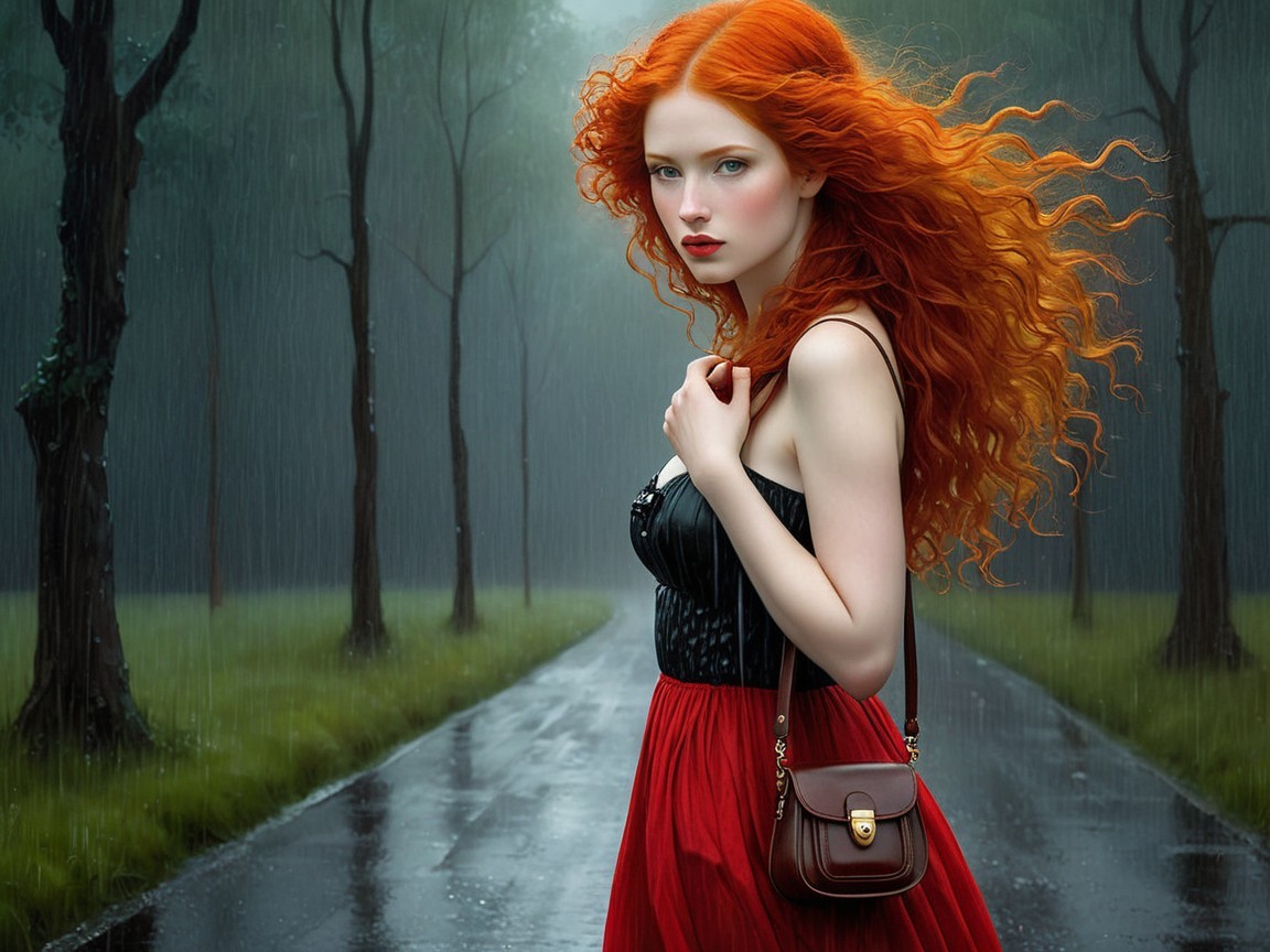 Vibrant Figure in Misty Forest Landscape