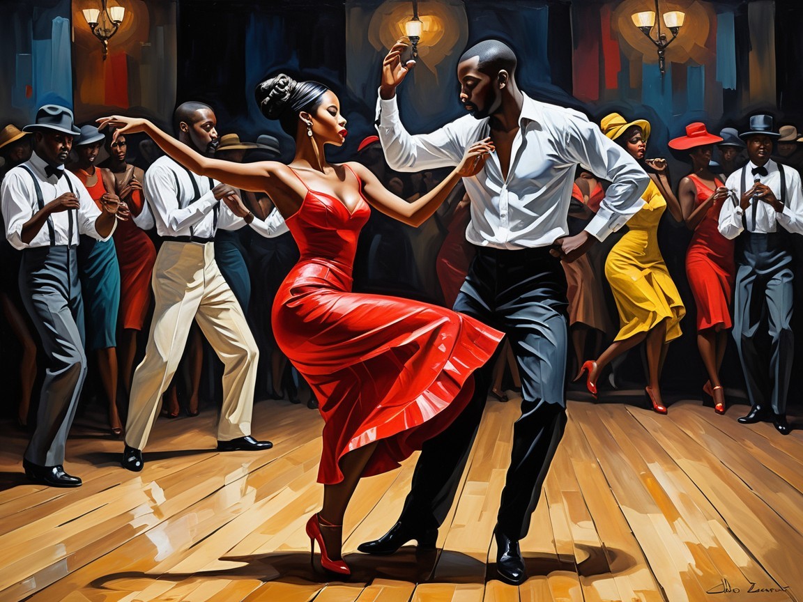 Vibrant Dance Scene with Elegant Dancers in Red and White