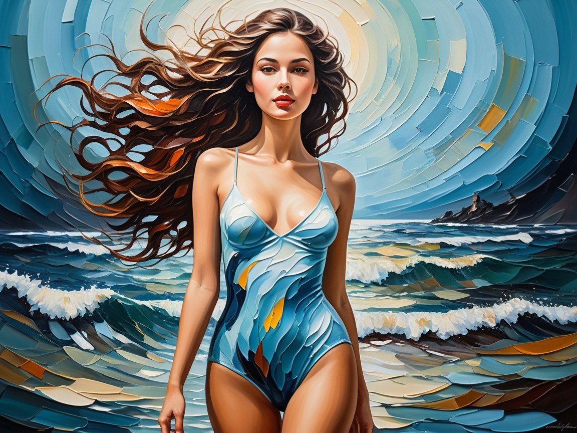 Young Woman in Stylish Swimsuit by Vibrant Seascape