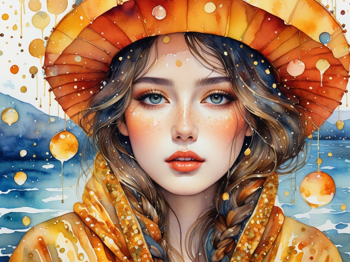 Young Woman with Blue Eyes and Orange Hat by Waterfront