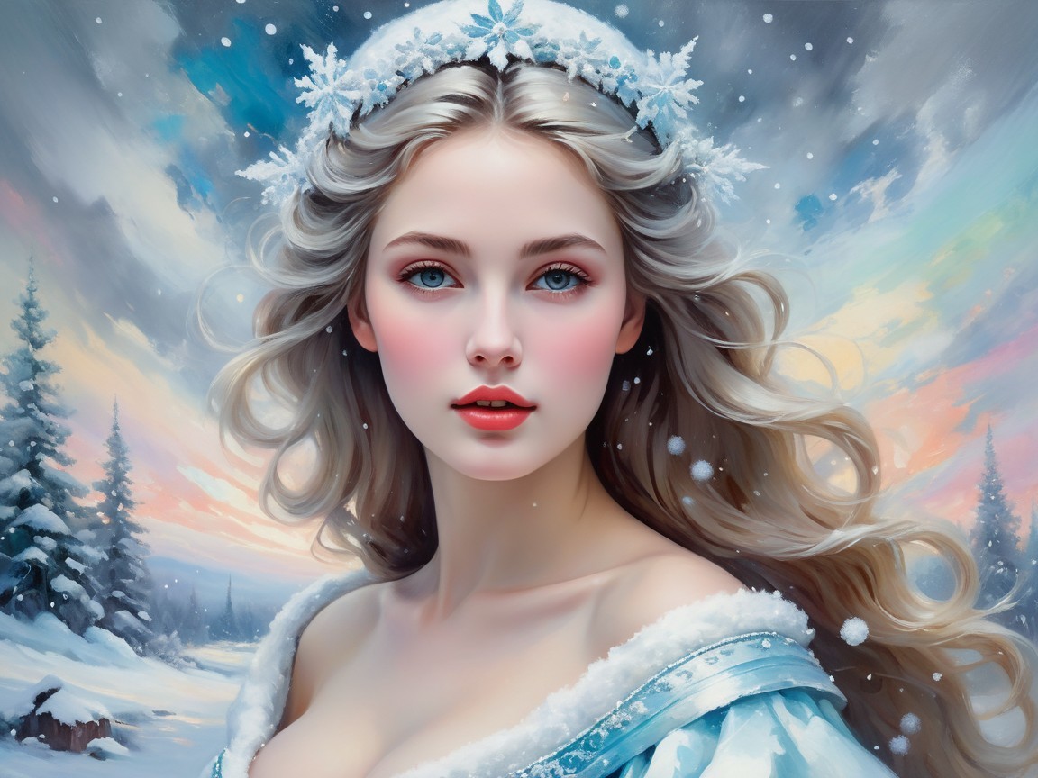 Anime Winter Scene Featuring a Blonde Woman in Blue Dress