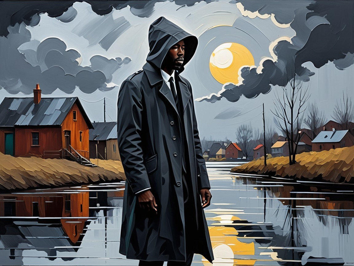 Solitary Figure by Calm River Under Dramatic Sky
