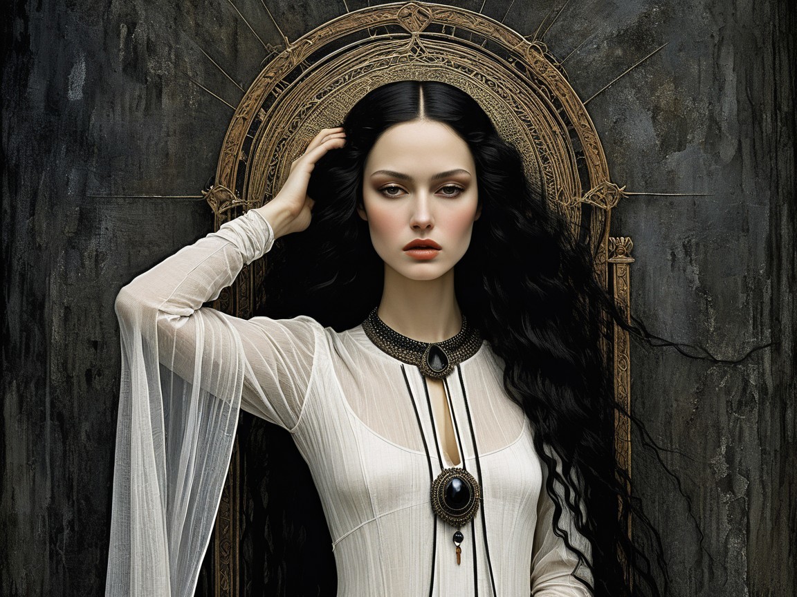 Ethereal Figure in White Gown Against Dark Backdrop
