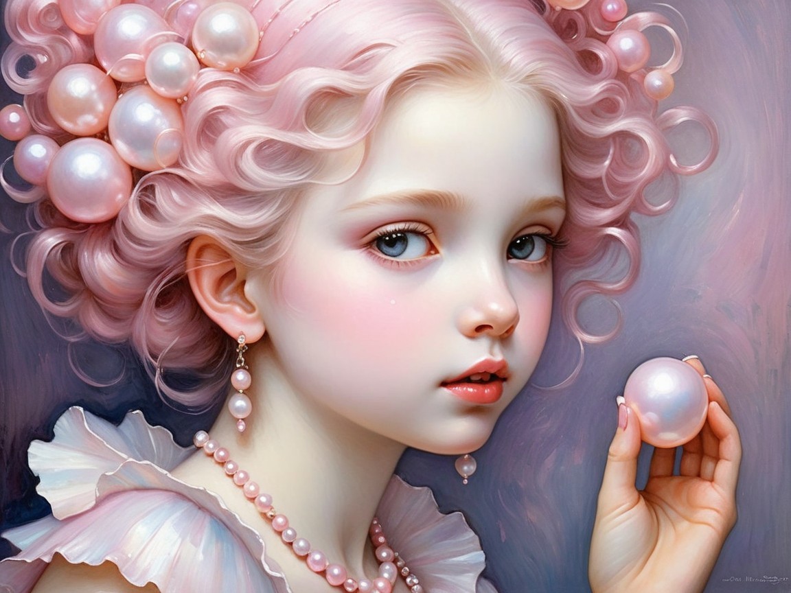 Delicate girl with pink curls and pearl accessories