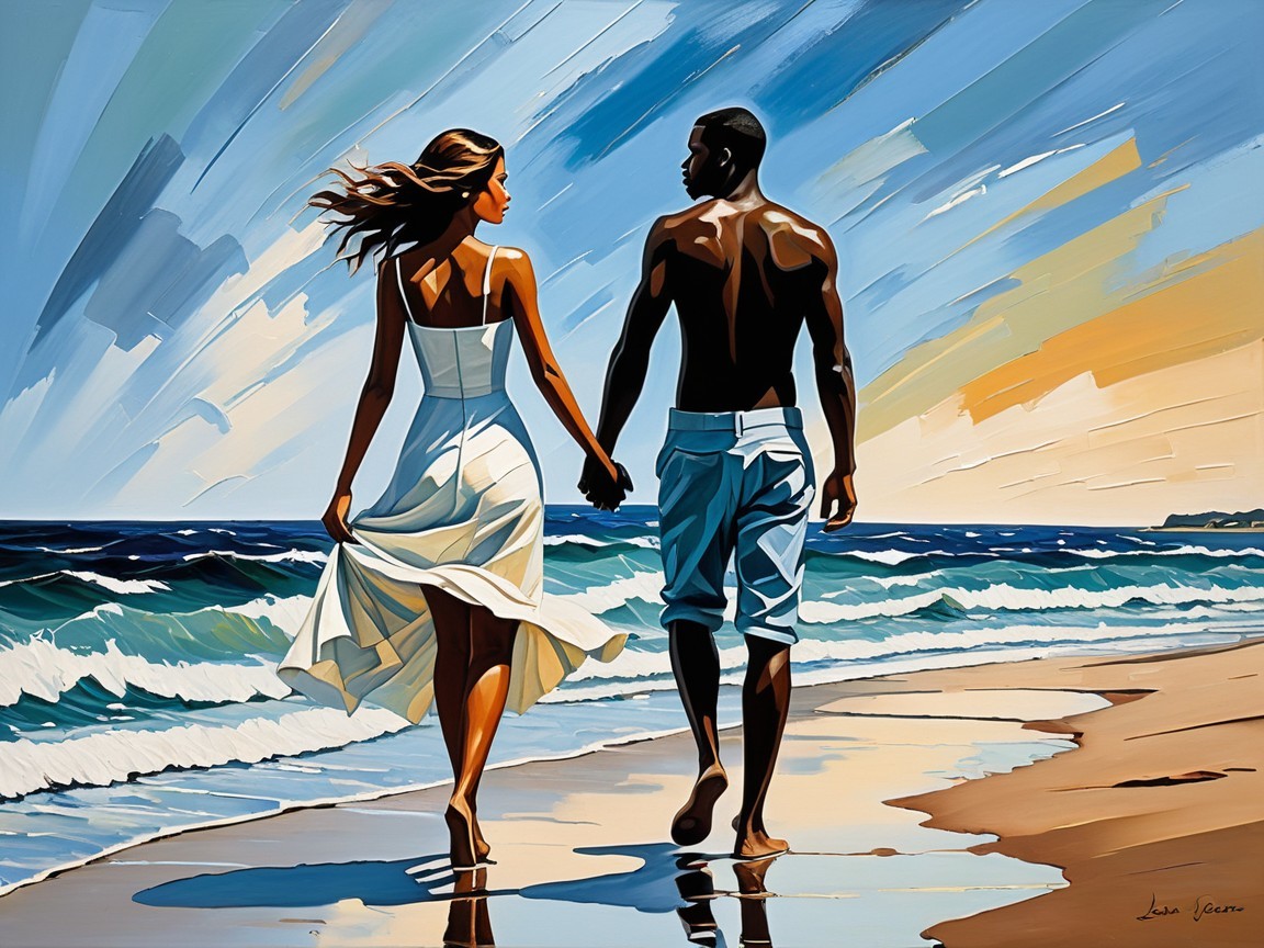 Couple Walking on Beach at Sunset with Ocean Waves