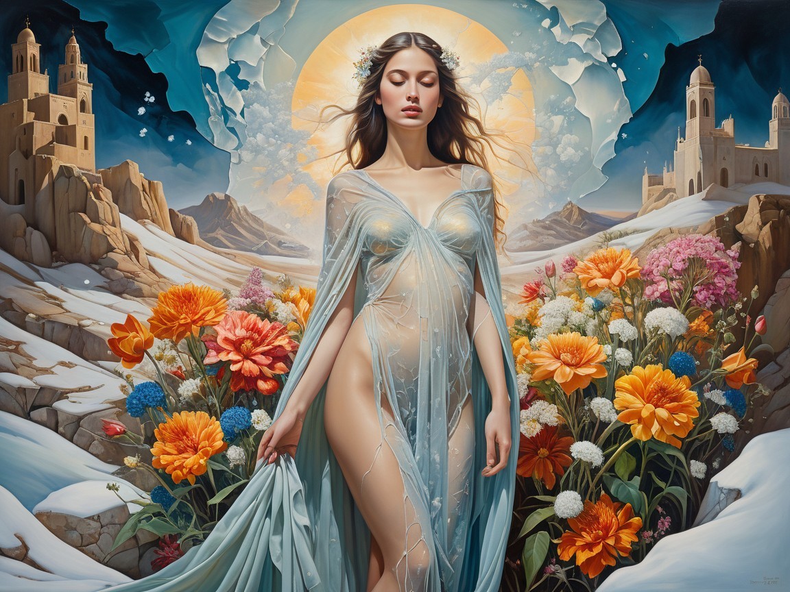 Serene Woman in Vibrant Garden with Mountains and Castles