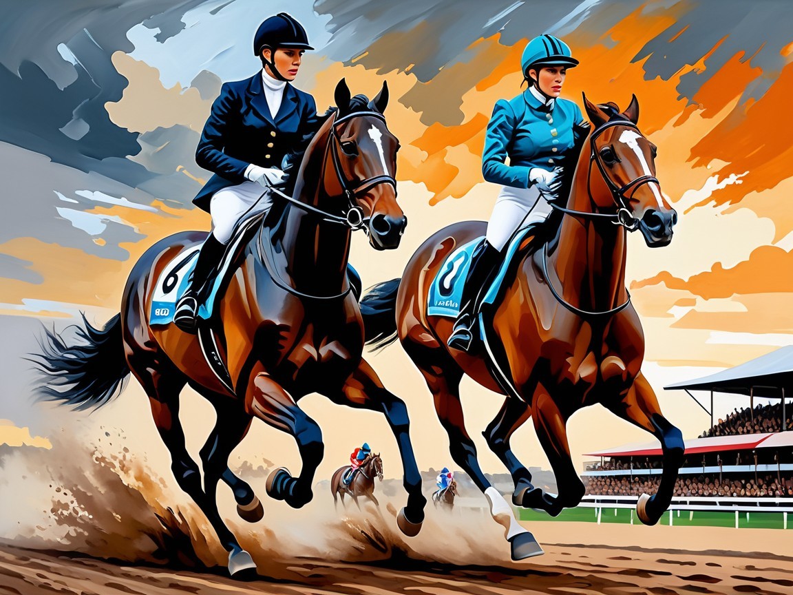 Horse Riders Competing on a Dirt Track at Sunset