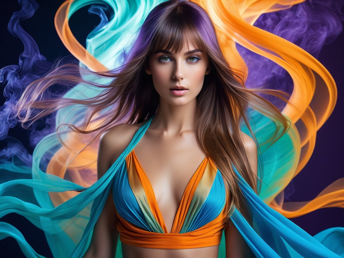 Portrait of a model with vibrant multicolored outfit