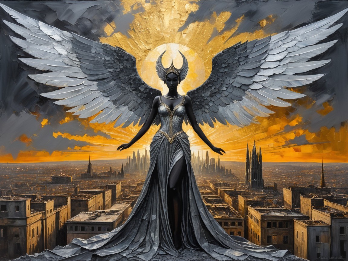 Powerful figure with wings against sunset backdrop