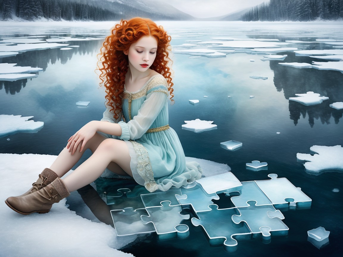 Young girl in blue dress on floating ice patch