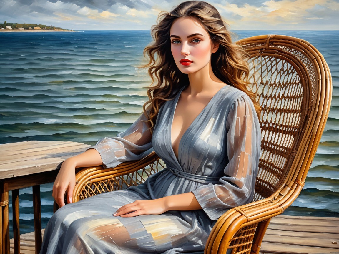 Young woman in gray dress by the seaside in calm setting