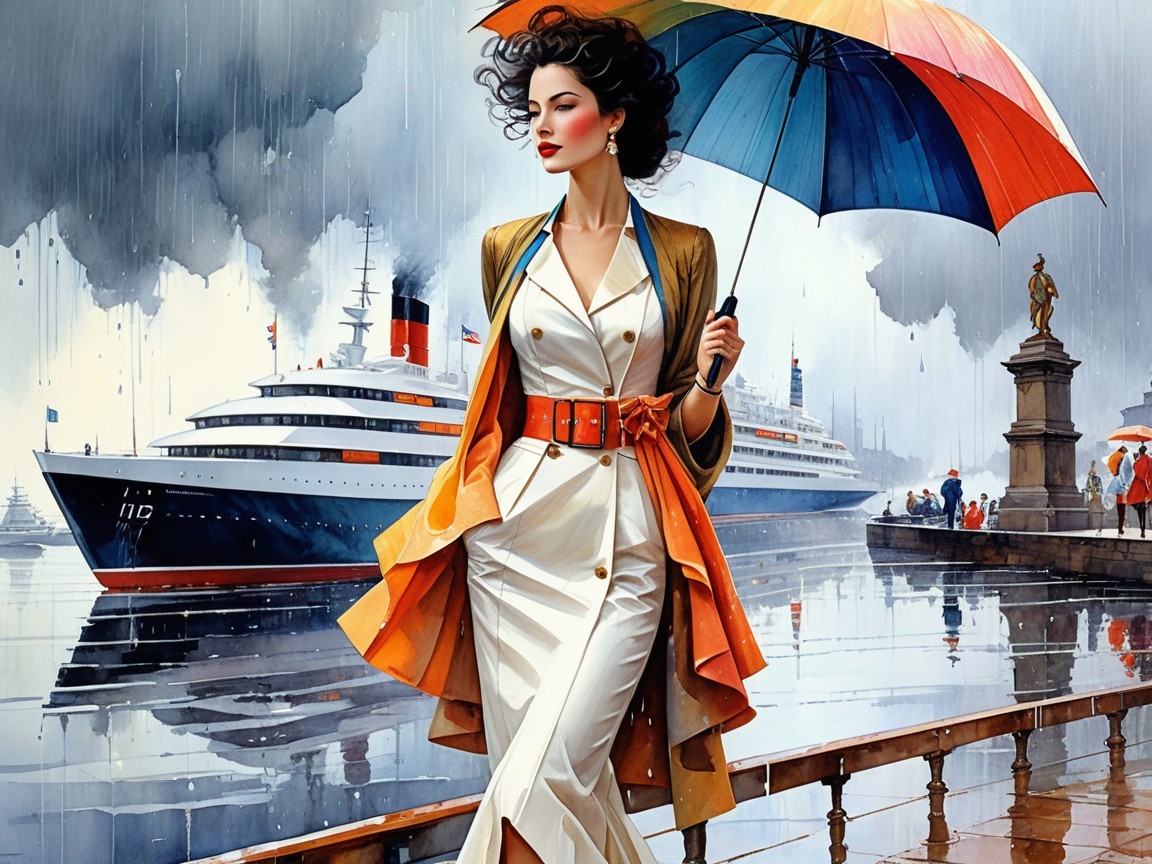 Stylish Woman with Umbrella by Luxury Ship and Water