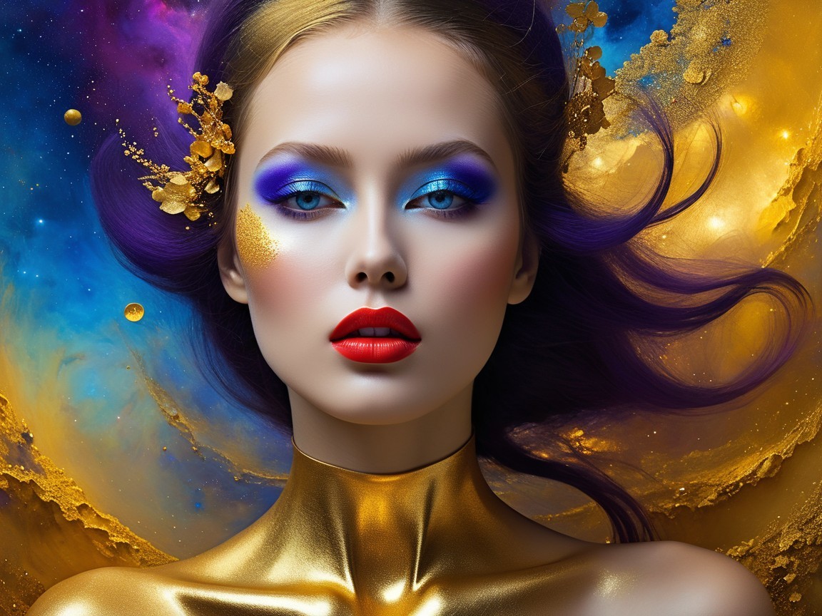 Portrait of a model with vibrant makeup and cosmic background