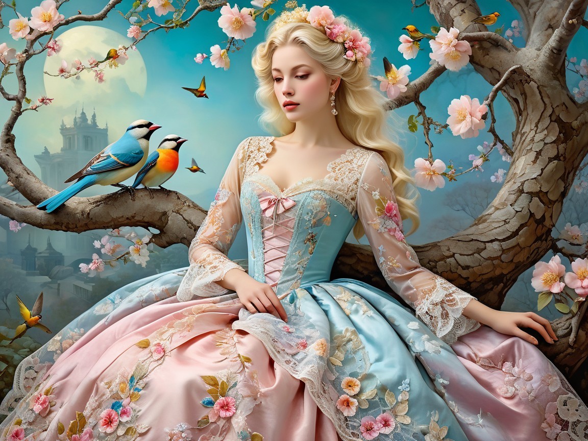 Young woman in pastel gown on tree branch with flowers