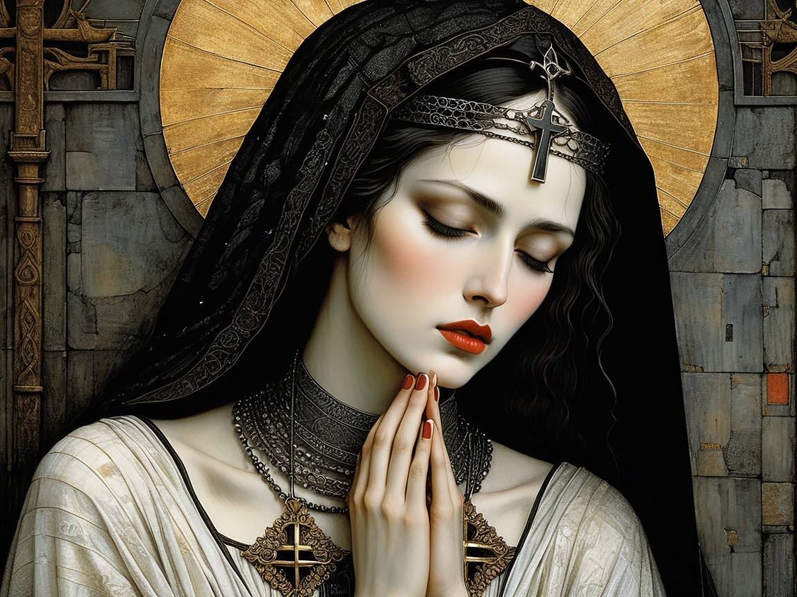 Solemn Figure in Dark Garments with Halo and Jewelry