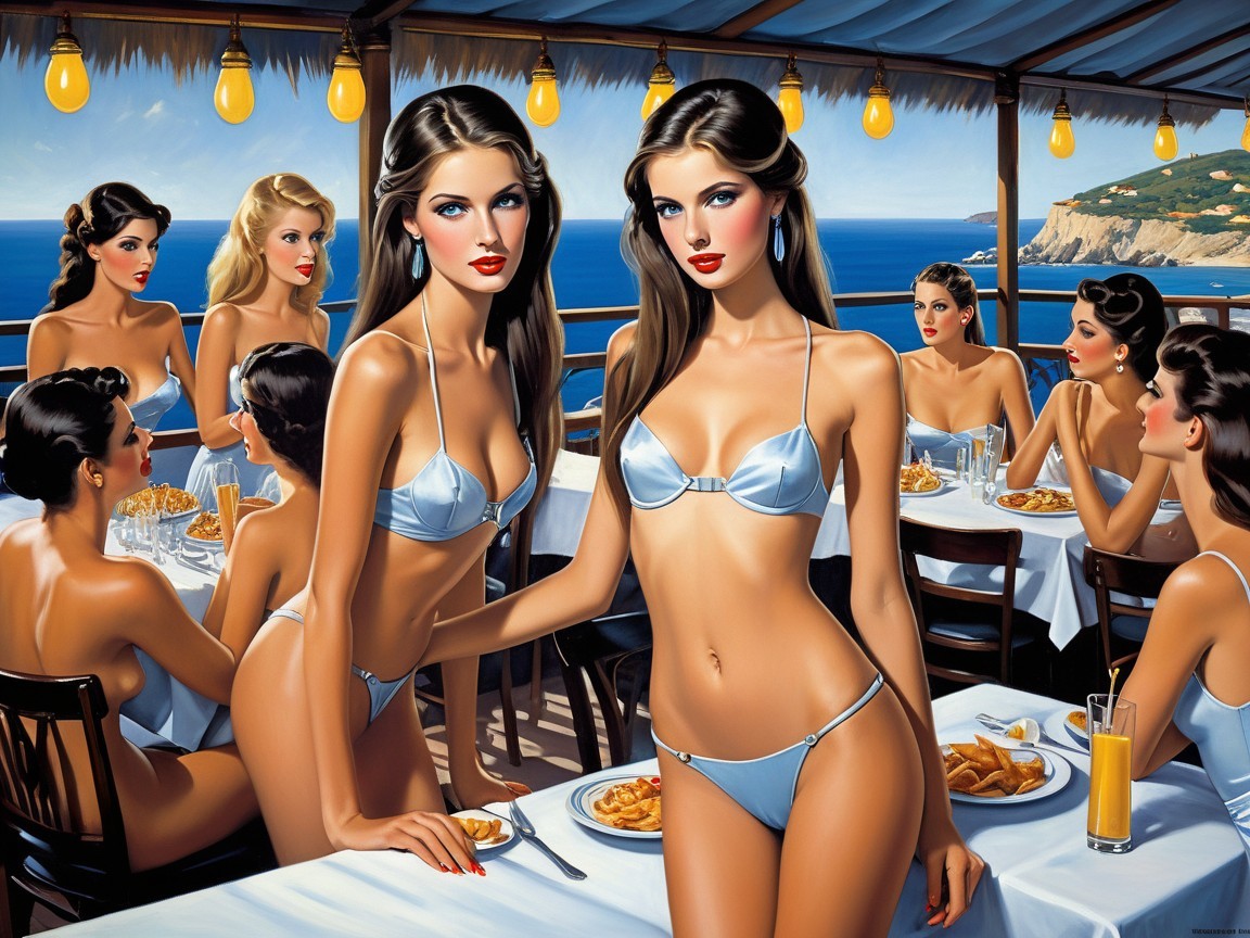 Vibrant Beachside Restaurant with Confident Women
