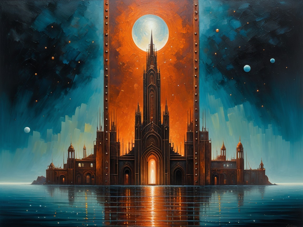 Futuristic Gothic Citadel Overlooking Water in 2D Art