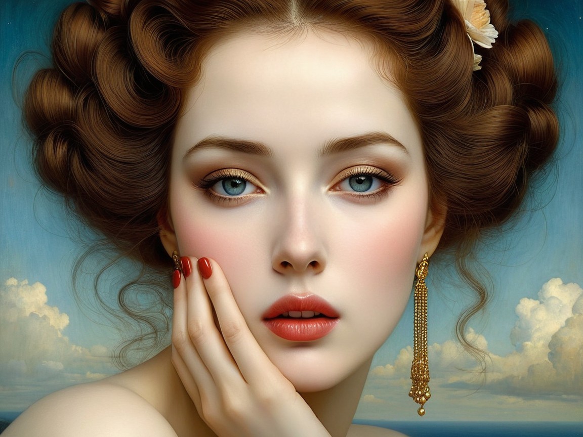 Portrait of a Young Woman with Blue Eyes and Curls