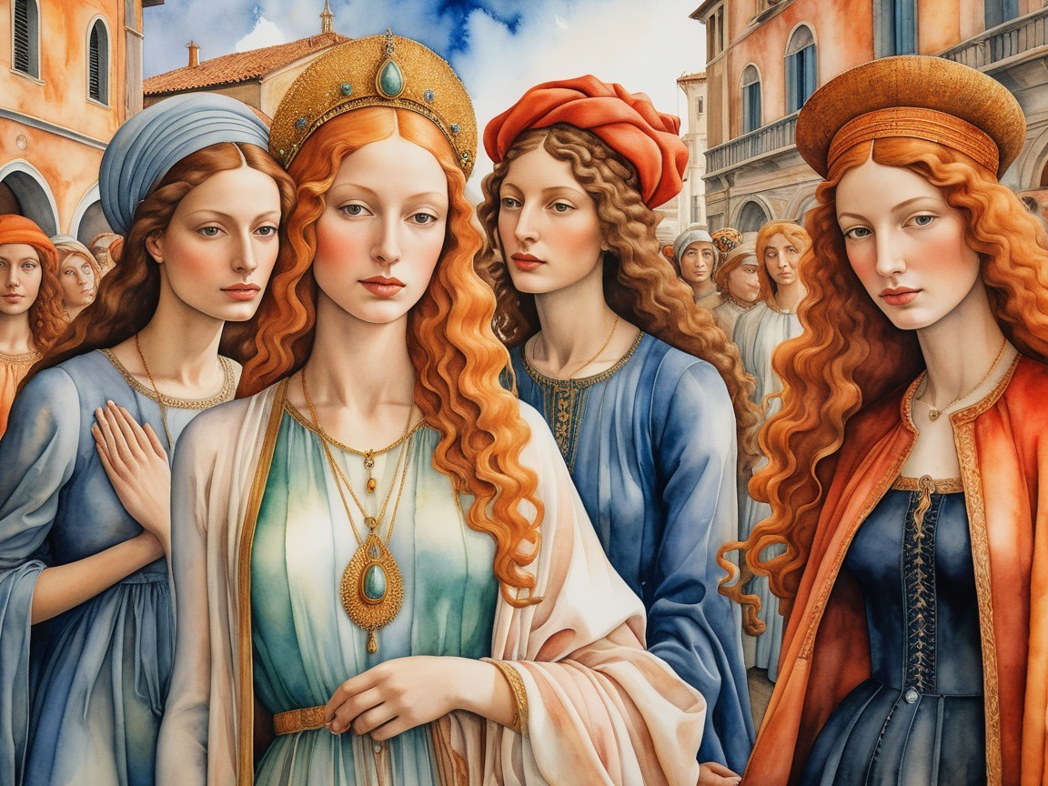 Elegantly Dressed Women in Historic Regal Setting