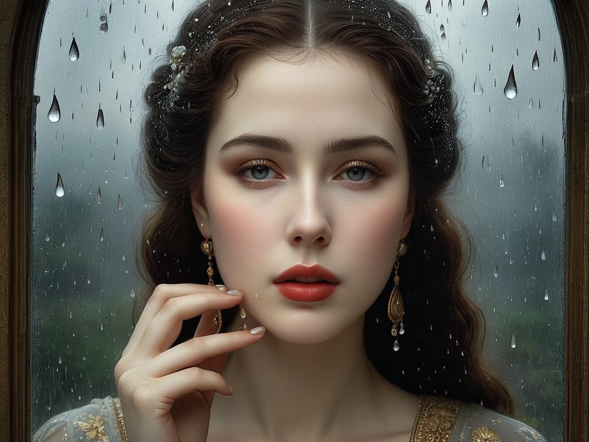 Young woman by rain-specked window with soft features