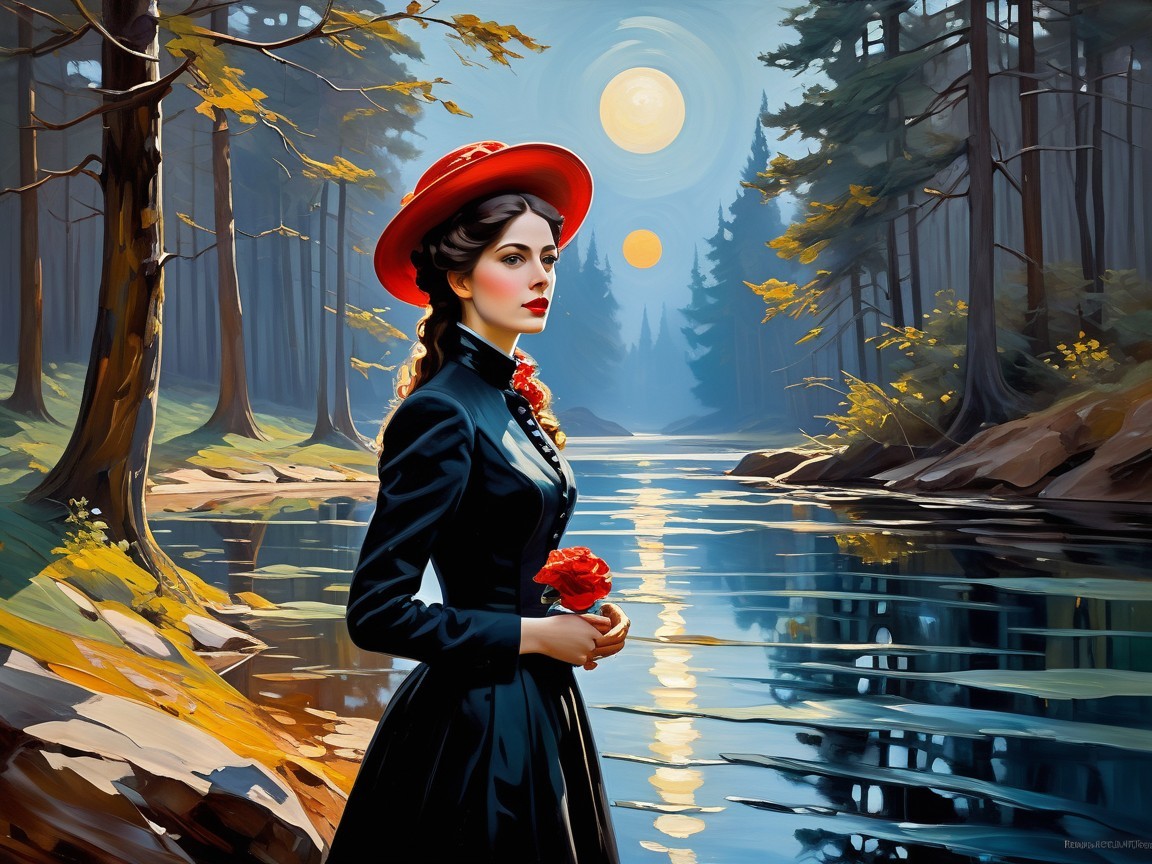 Vintage Dress and Red Hat by Serene Forest Lake