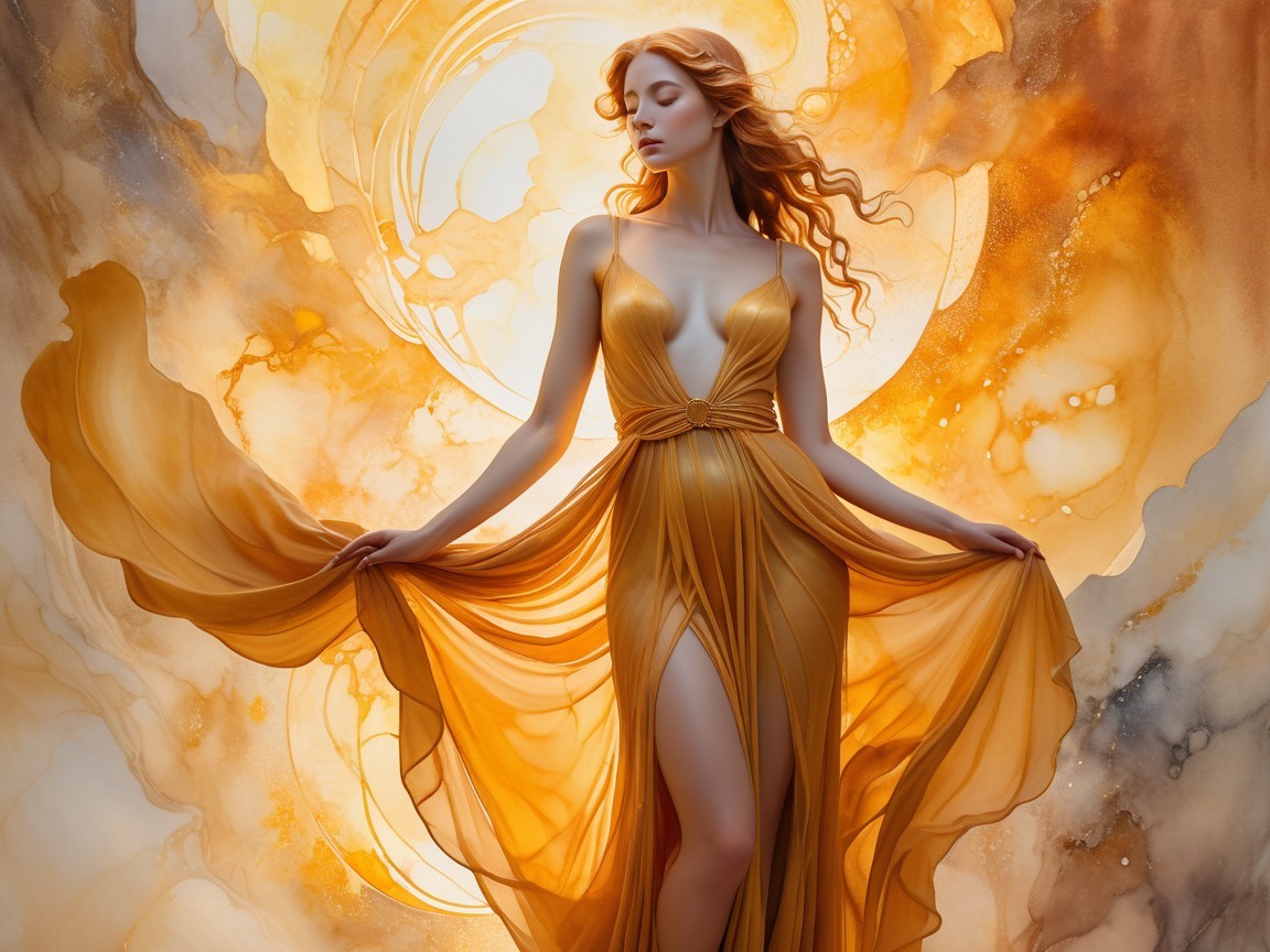 Elegant figure in a flowing golden gown with warm hues