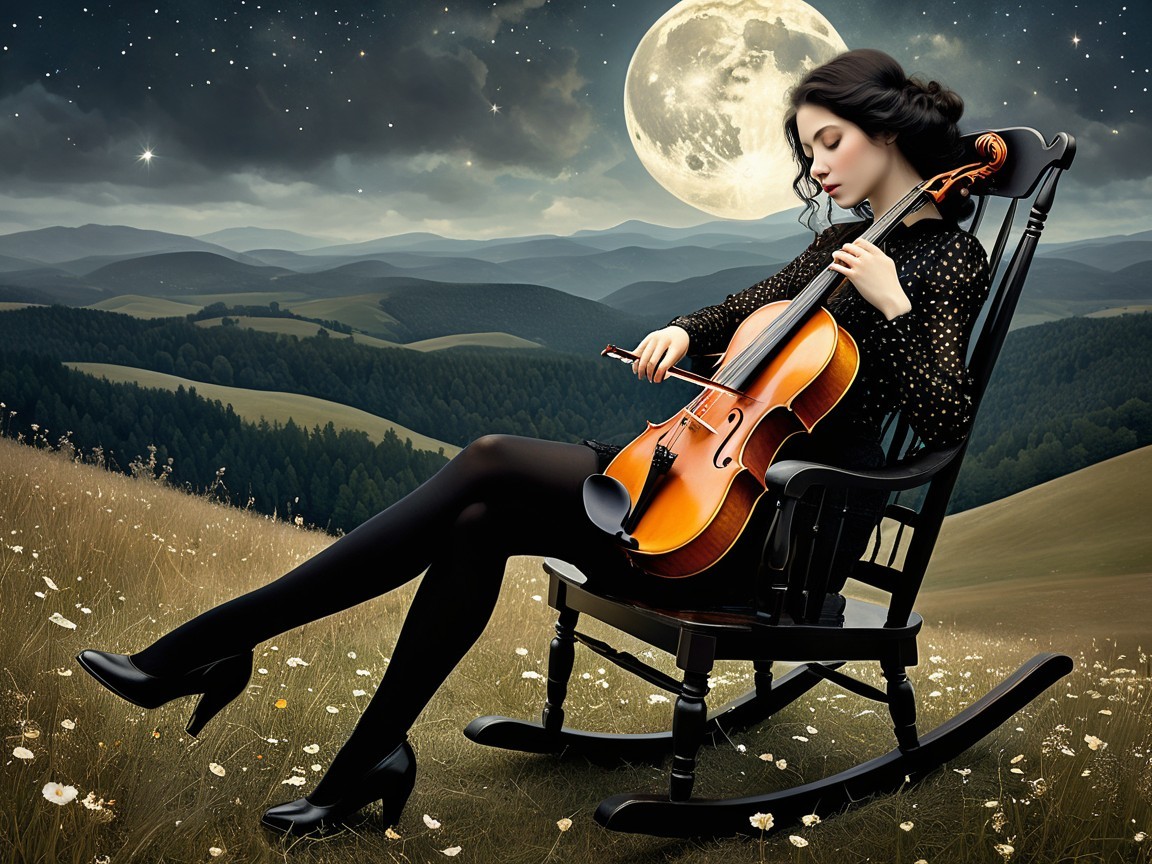 Young Woman in Black Dress Playing Violin at Night