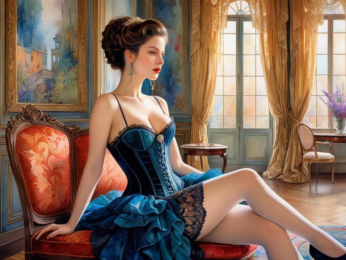 Elegant Woman in Blue Corset Dress in Luxurious Room